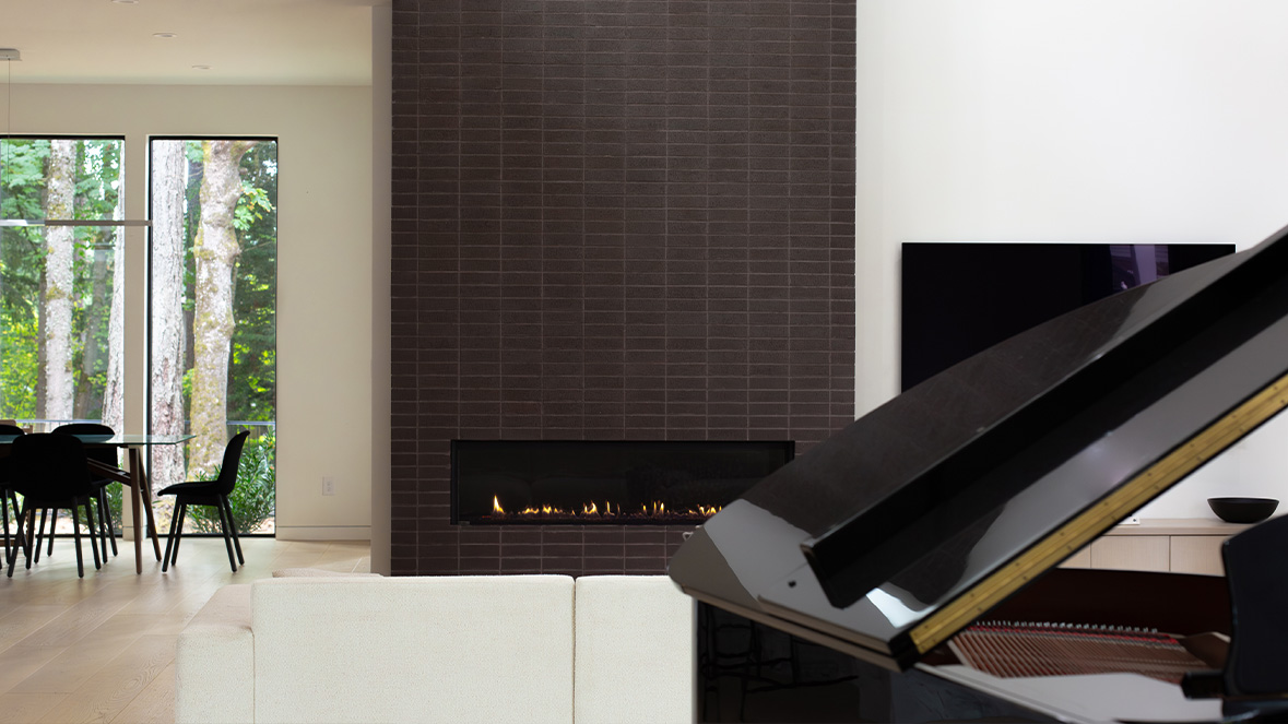 Black Thin Brick Fireplace in a modern home. 
